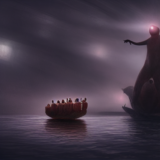 The team of officials in their boats approach the creature, who towers over them, looking down menacingly as its eyes glow with an otherworldly intelligence.